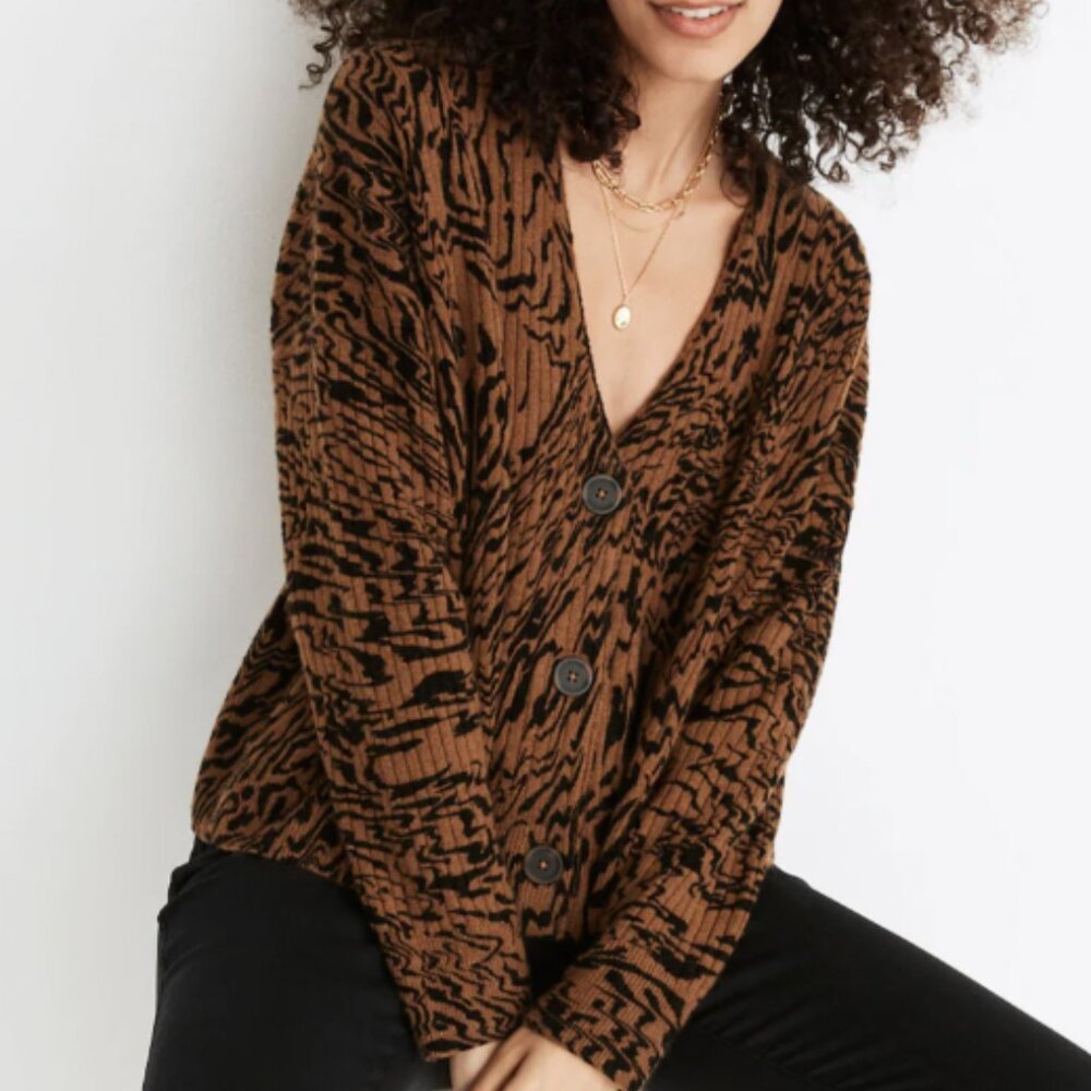 Tiger Stripe Madewell Cameron Ribbed Cardigan Sweater in Coziest Yarn